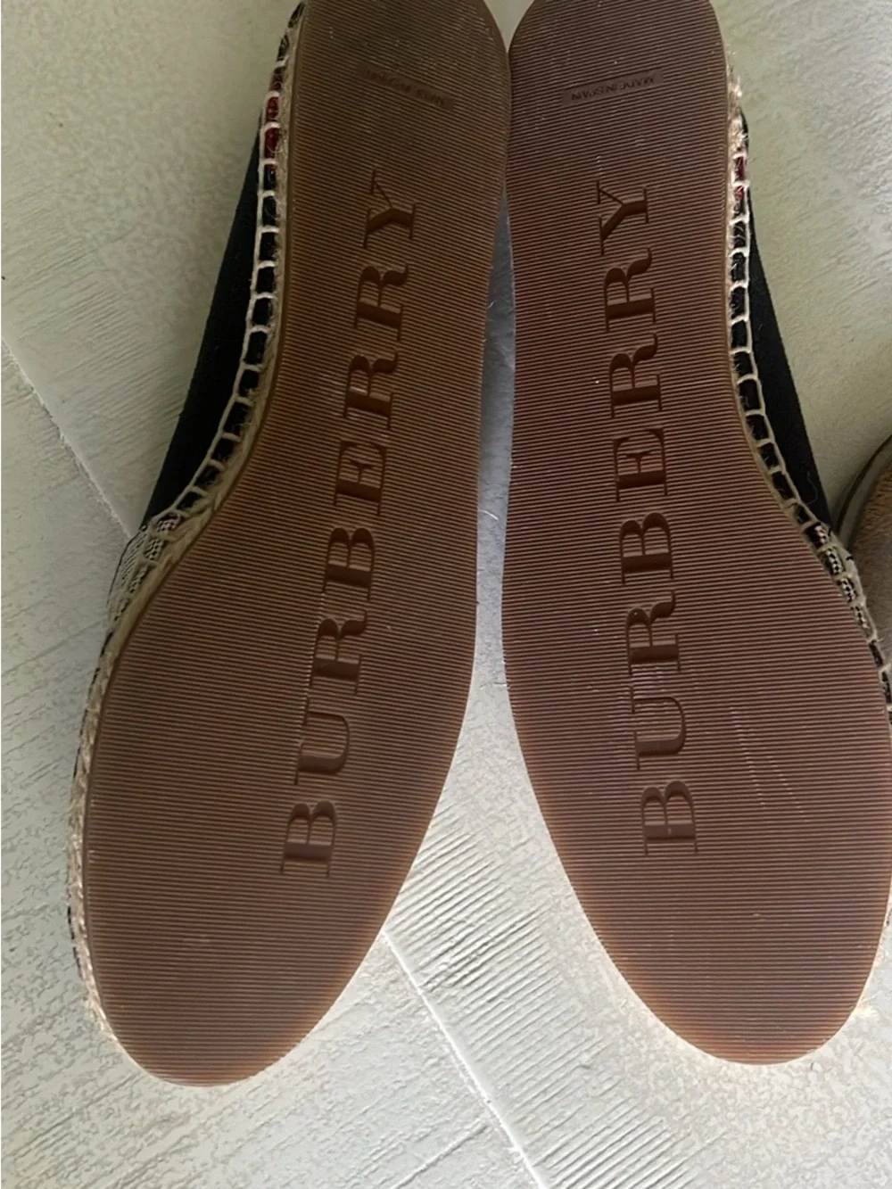 Burberry Black Canvas Espadrilles with White Stripe and Red Heel Detail